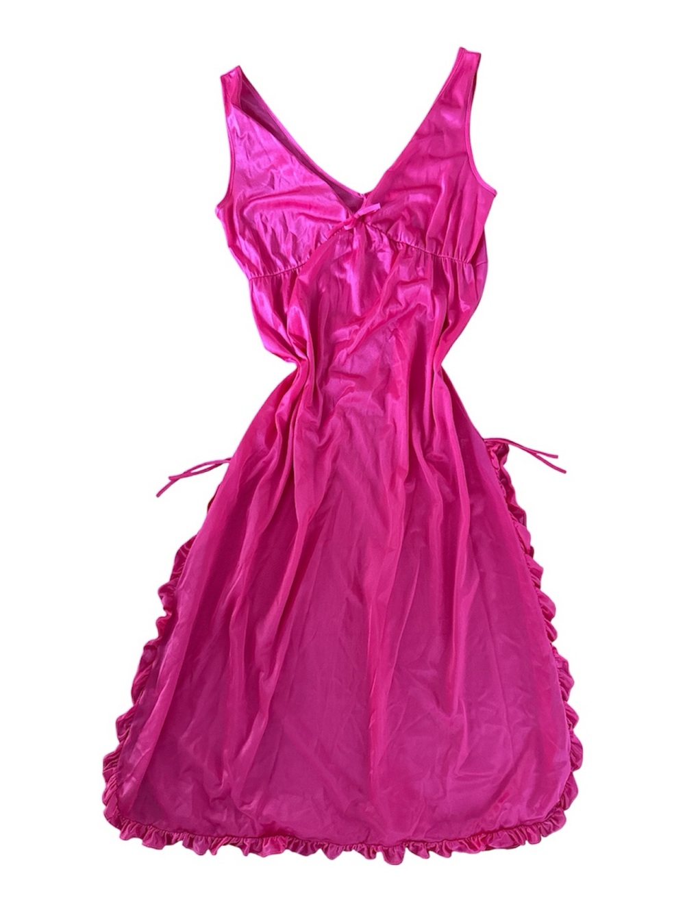 Vintage hot pink ruffled V-neck nylon slip dress Medium - Picture 2 of 9